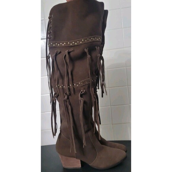 Anthropologie Mojo Moxy “Frilled” Brown Fringe Knee-High Boots 8.5 Boho Western - Picture 6 of 14